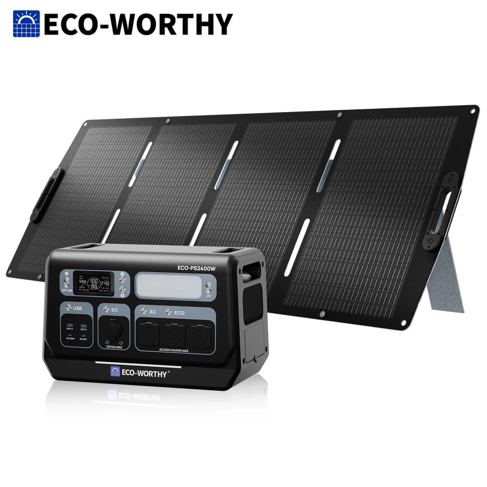 ECO-WORTHY 200W Portable Solar Panel and PS 2400W Power Station 2048Wh LiFePO4 Battery, for RV Off Grid - Image 1