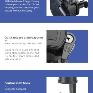 Professional desktop tripod, mobile phone and DSLR camera floor stand, high stability aluminum alloy material, high-quality and high load-bearing universal adjustment gimbal, can be used for DSLR cameras and mobile phones - Thumbnail Image 7