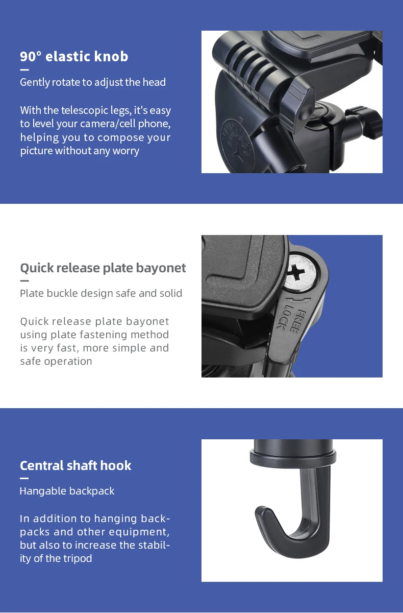Professional desktop tripod, mobile phone and DSLR camera floor stand, high stability aluminum alloy material, high-quality and high load-bearing universal adjustment gimbal, can be used for DSLR cameras and mobile phones - Image 7