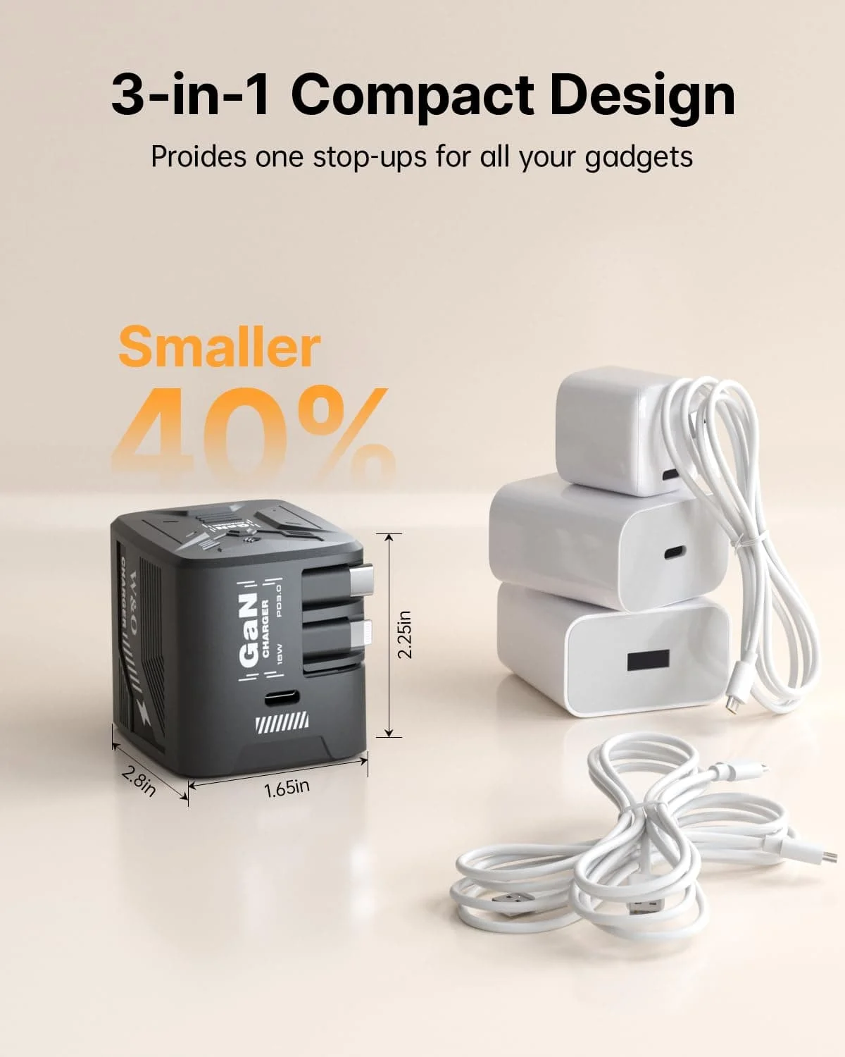 W & O 60W GAN Fast Charger for iPhone, Retractable Phone Charger Wall Plug with Type‑C & Compatible Lightning Cables, for iPhone 17/16/15, Galaxy S25/24, Android Devices - Image 2