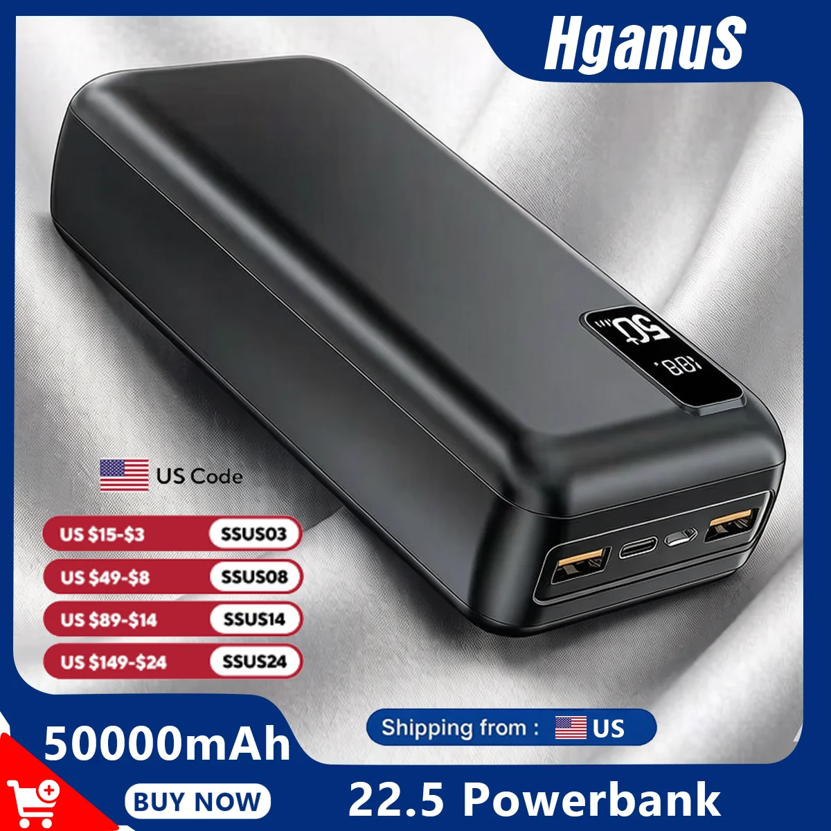 Hganus 50000mAh Powerbank 22.5W Fast Charge Protable Powerbank External Battery High Capacity For IPh xiaomi Samsung Outdoor Use - Image 1