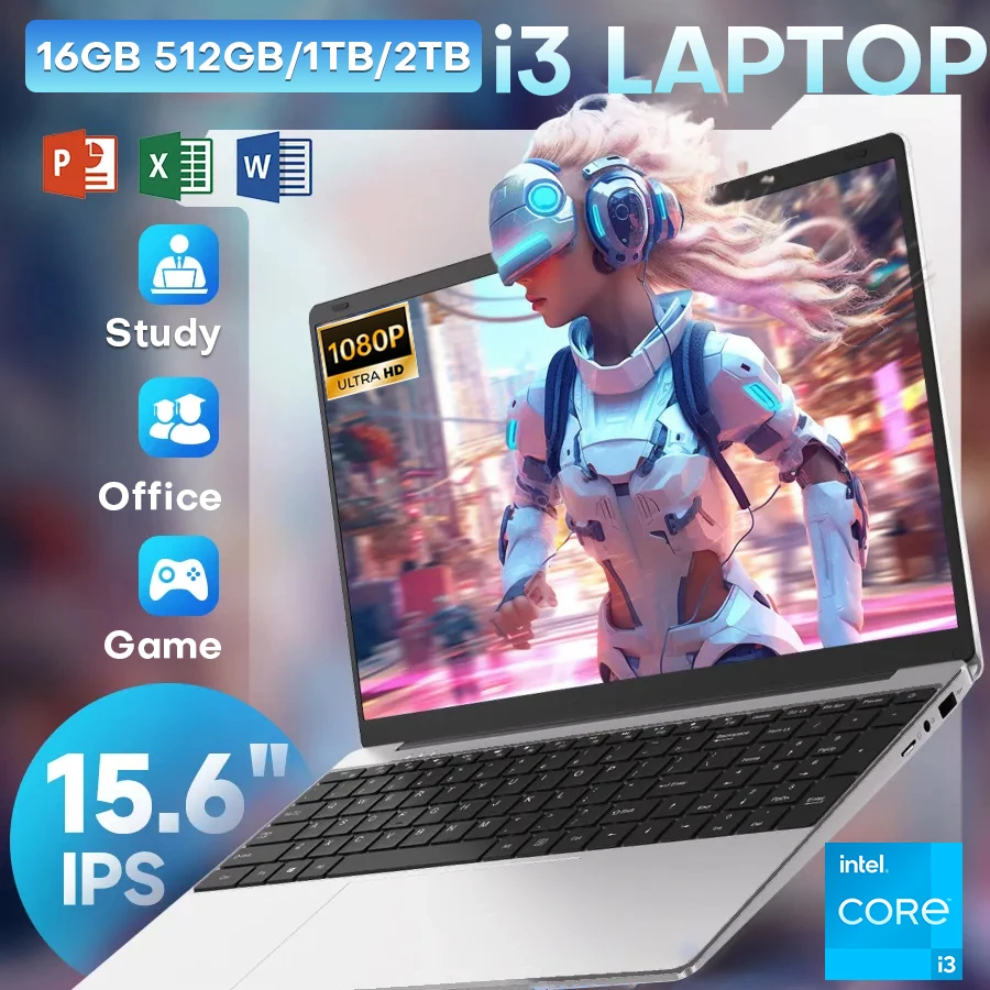 15.6 inch Intel Notebook PC Ultra Slim Laptop Intel Core I3 6100U 16GB RAM 1TB 2TB SSD Office Study Computer PC Windows 11 Pro - Image 1