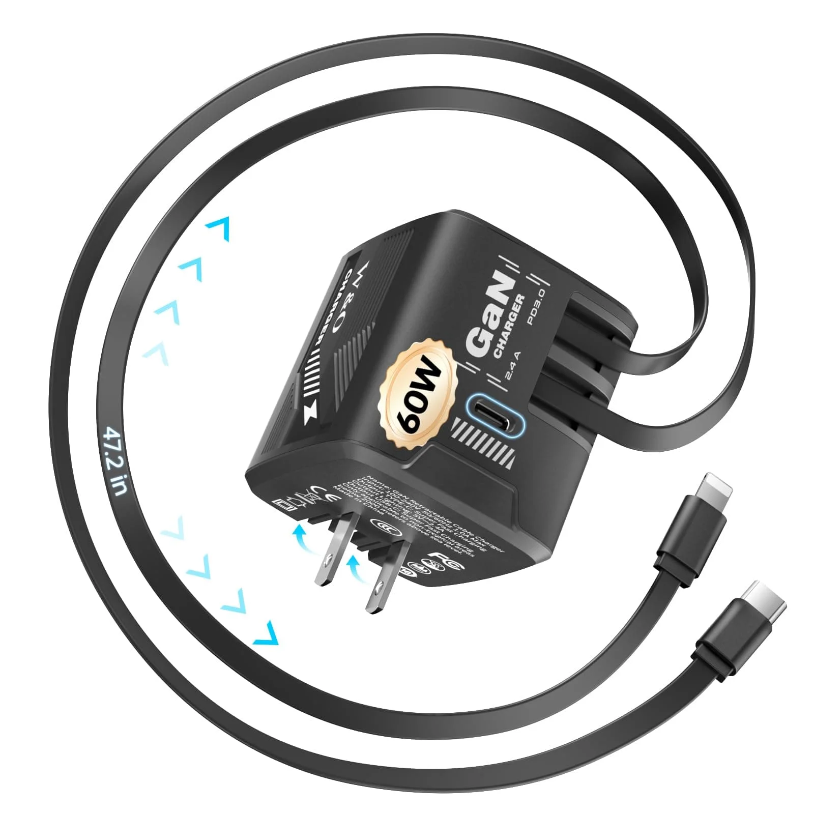 W & O 60W GAN Fast Charger for iPhone, Retractable Phone Charger Wall Plug with Type‑C & Compatible Lightning Cables, for iPhone 17/16/15, Galaxy S25/24, Android Devices - Image 1