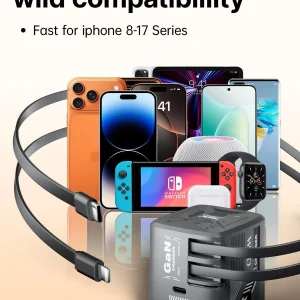 W & O 60W GAN Fast Charger for iPhone, Retractable Phone Charger Wall Plug with Type‑C & Compatible Lightning Cables, for iPhone 17/16/15, Galaxy S25/24, Android Devices - Thumbnail Image 7