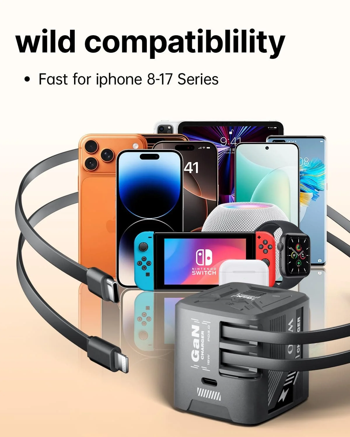 W & O 60W GAN Fast Charger for iPhone, Retractable Phone Charger Wall Plug with Type‑C & Compatible Lightning Cables, for iPhone 17/16/15, Galaxy S25/24, Android Devices - Image 7