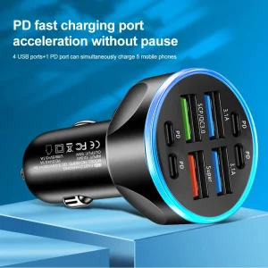 Muti 8 Ports Car Charger Fast Charging Quick QC3.0 USB PD Type C Auto Phone Charger Adapter in Car For Cellphone Mobile Phone - Thumbnail Image 4