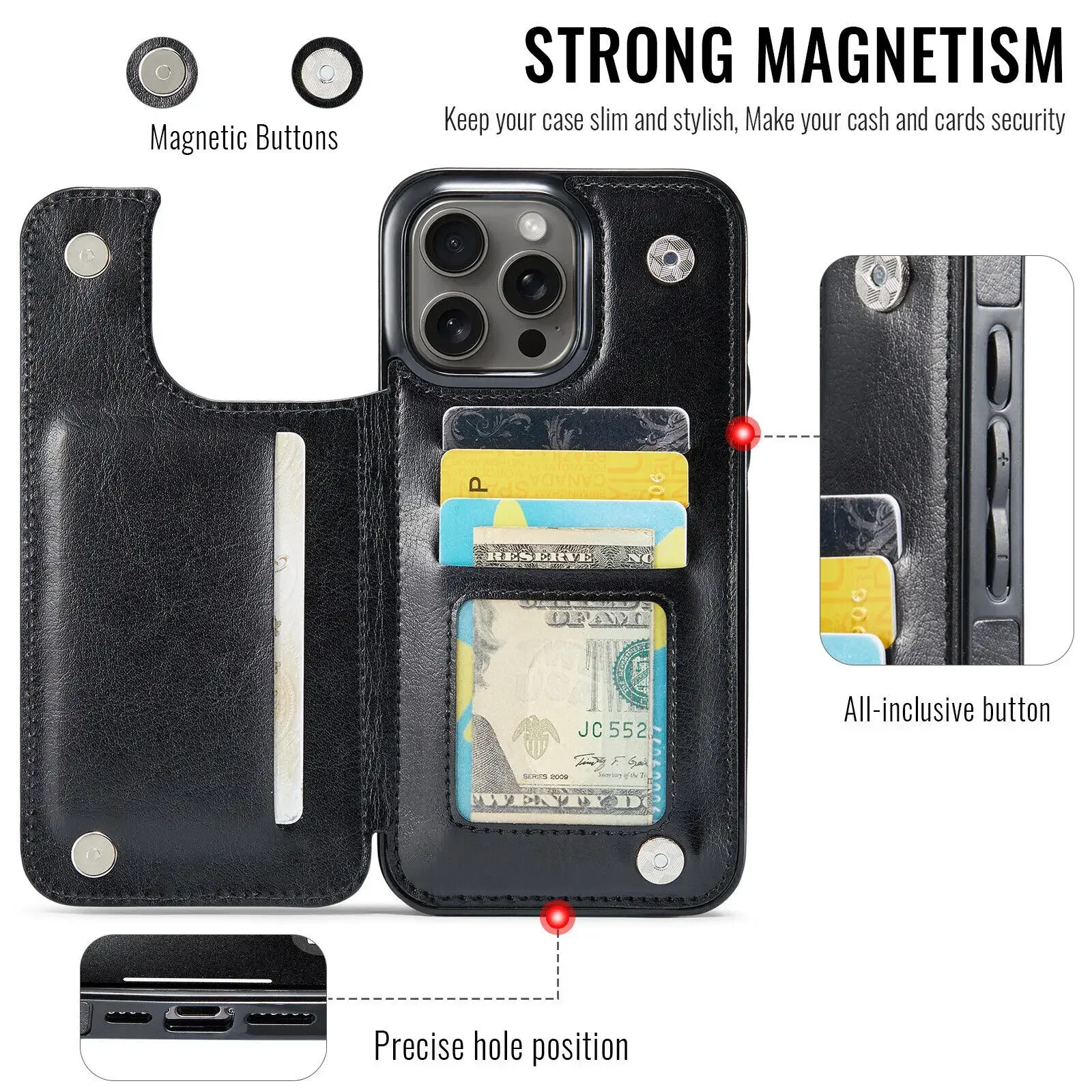 Wallet Card Holder Case for iPhone 16 15 14 13 12 11 Pro Max XS XR Leather Cover - Image 2