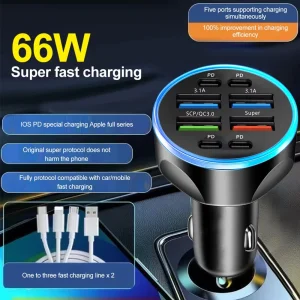 Muti 8 Ports Car Charger Fast Charging Quick QC3.0 USB PD Type C Auto Phone Charger Adapter in Car For Cellphone Mobile Phone - Thumbnail Image 6