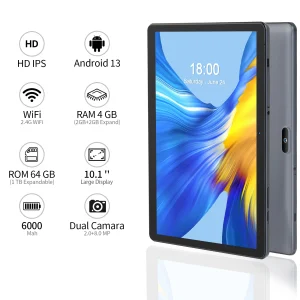 PRITOM 10 inch Tablet Android 13, 64GB, 512GB Expand, Quad-Core, 1280 * 800 HD IPS Screen, Dual Camera, Wi-Fi, Bluetooth, Black - Thumbnail Image 2