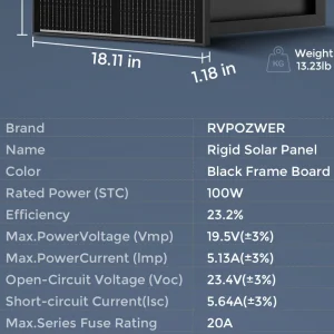 RVPOZWER 100W 18BB Rigid Solar Panels Black Frame Board N-Type Solar Cells 23.2% High Conversion Efficiency for Home RV System Farm Outdoor Camping Off-grid Power Support - Thumbnail Image 8