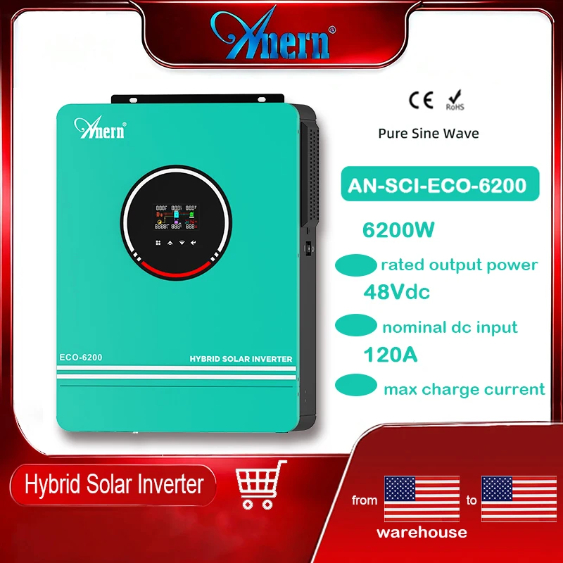Anern 220V~240V 6.2KW Hybrid Solar Inverter 48V MPPT Photovoltaic Inverter Pure Sine Built-in 120A Solar Charge Controller - Image 1
