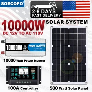 Build Your Own 10,000W Solar Generator, Batteries Sold Separately. This Is A SOECOPO 10000W Solar System Kit, 500W Photovoltaic Solar Panel + 10000W Power Inverter + 100A Controller, DC 12V to AC 110V/220V, Complete with Cables, Clips & amp; Suction Cups,