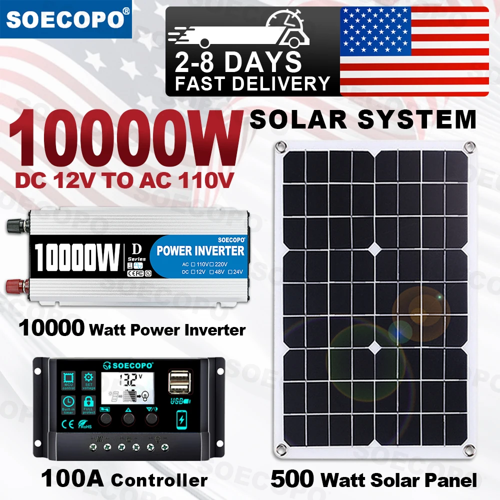 Build Your Own 10,000W Solar Generator, Batteries Sold Separately. This Is A SOECOPO 10000W Solar System Kit, 500W Photovoltaic Solar Panel + 10000W Power Inverter + 100A Controller, DC 12V to AC 110V/220V, Complete with Cables, Clips & amp; Suction Cups, - Image 1