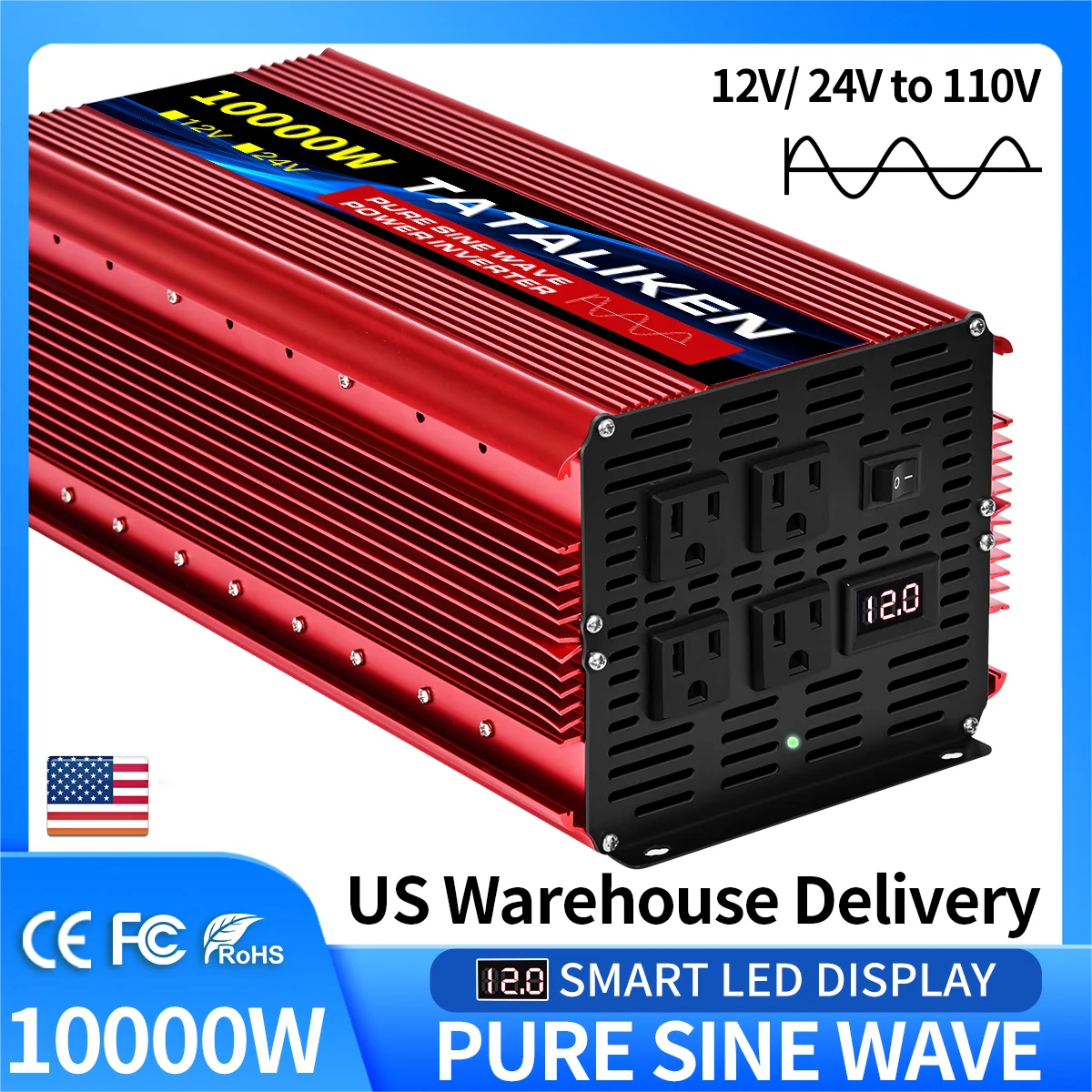 Power Inverter 10000W DC 12V to AC 110V 60HZ Pure Sine Wave Inverter with LCD Display Remote Control 4AC Outlets - Image 1