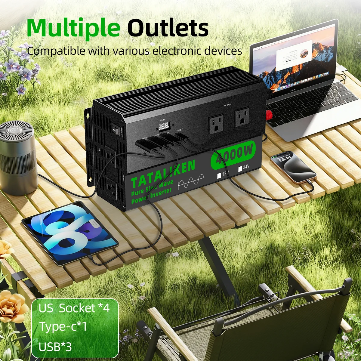 4000W/5000W/6000W Pure Sine Wave Inverter with US Outlets, Digital Display & 110V/60Hz Output - Image 2
