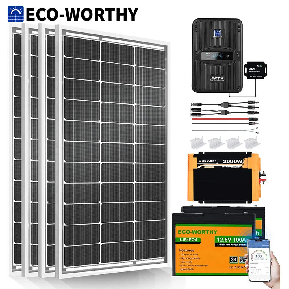 ECO-Worthy 1.6KWH Complete Solar Panel Kit 400W 12V for RV Off Grid: 4 * 100W Solar Panel+40A MPPT Controller+2*12V Battery - Image 1