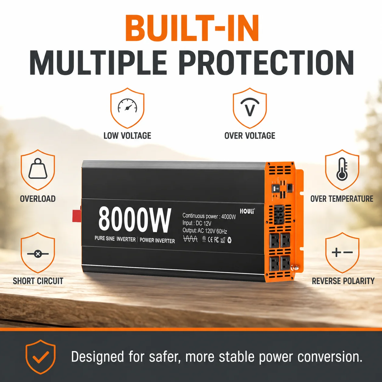 HOULI Pure Sine Wave Power Inverter 12V DC to 120V AC 60Hz for RV Car Truck Solar Off Grid Camping Home Backup - Image 7