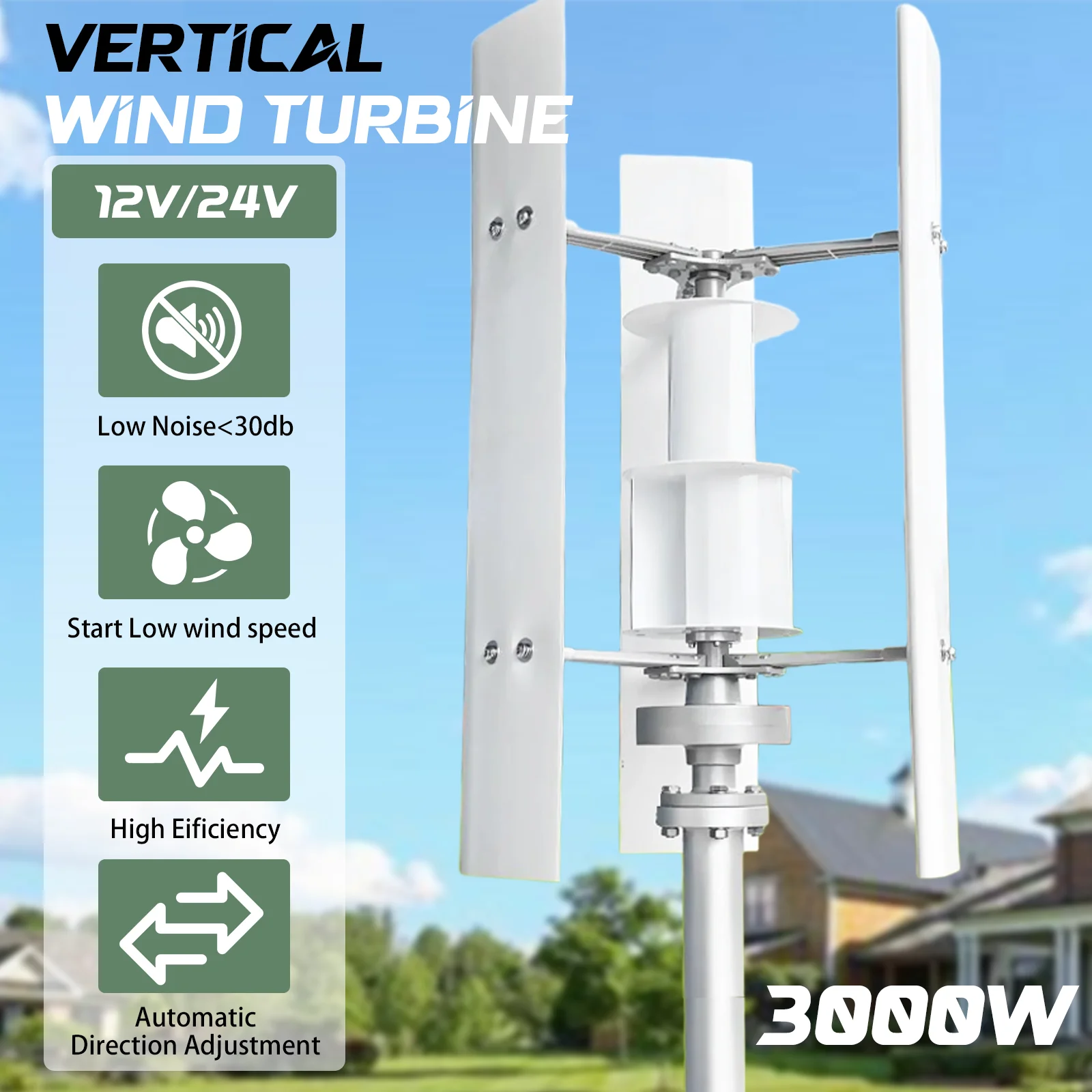 Small Windmill 12/24V 3000W Vertical Wind Turbine Generator Kit with Wind-Solar Hybrid Controller Household Free Energy - Image 2