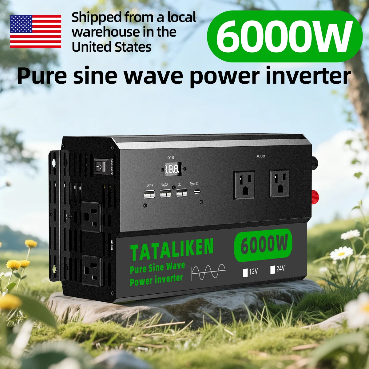 4000W/5000W/6000W Pure Sine Wave Inverter with US Outlets, Digital Display & 110V/60Hz Output - Image 1