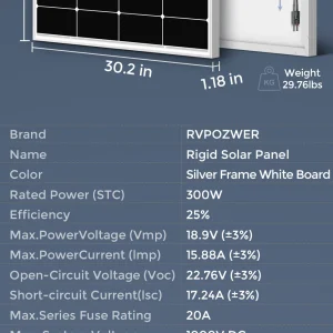 RVPOZWER 300W Solar Panels N-Type Monocrystalline 25% High Efficiency for RV Home Rooftop Off Grid Systems Trailer Boat Use - Thumbnail Image 8