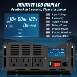 SucceBuy Pure Sine Wave Power Inverter 2500W/3500W/5000W 12V DC to 120V AC Aluminum Alloy LCD Screen & LED Indicators Power Use - Thumbnail Image 3