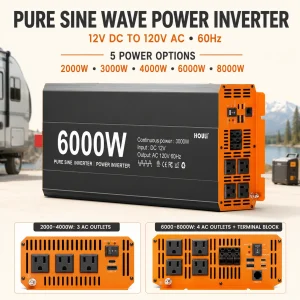 HOULI Pure Sine Wave Power Inverter 12V DC to 120V AC 60Hz for RV Car Truck Solar Off Grid Camping Home Backup - Thumbnail Image 5
