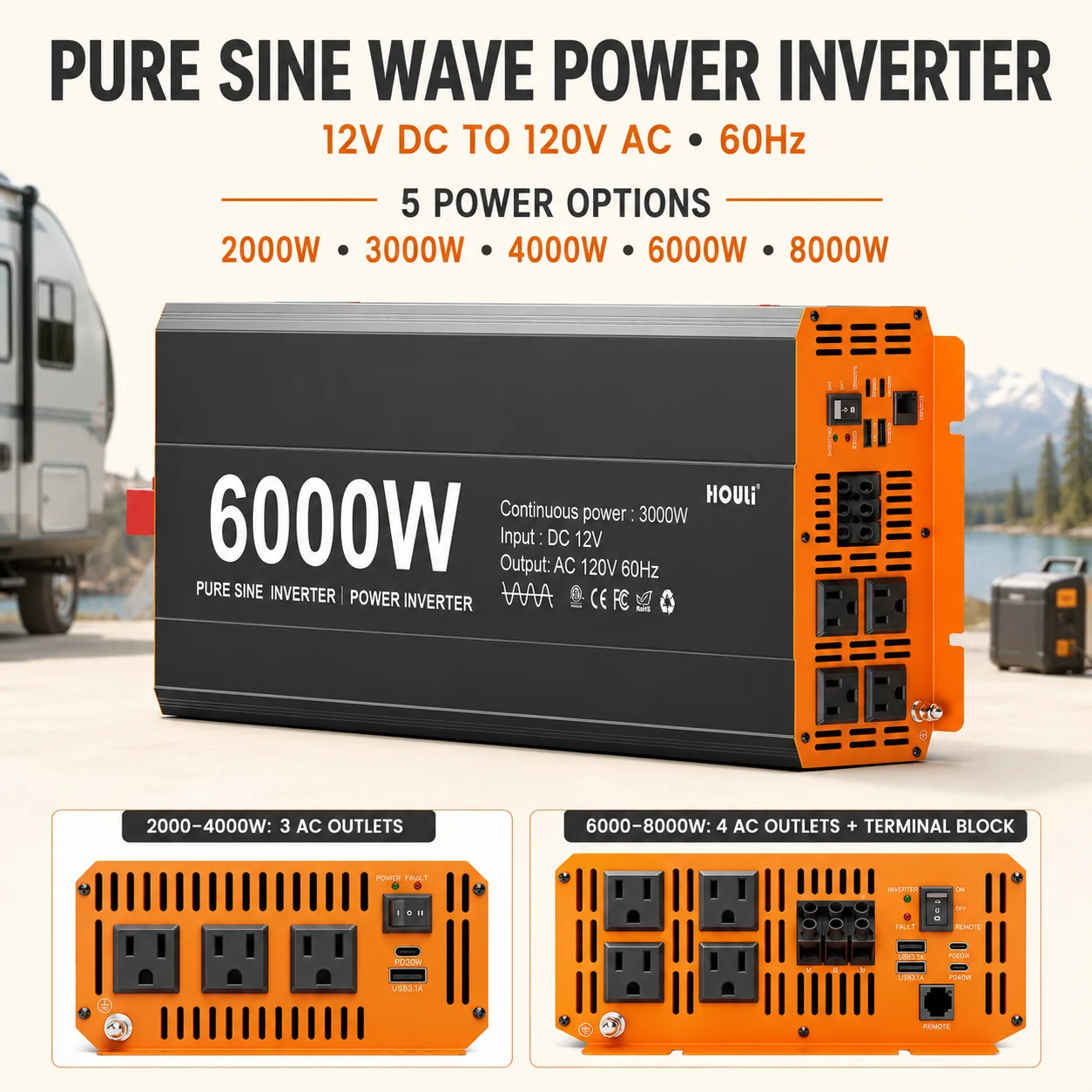HOULI Pure Sine Wave Power Inverter 12V DC to 120V AC 60Hz for RV Car Truck Solar Off Grid Camping Home Backup - Image 5