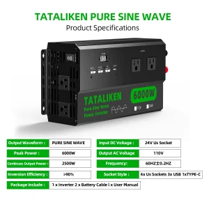 4000W/5000W/6000W Pure Sine Wave Inverter with US Outlets, Digital Display & 110V/60Hz Output - Thumbnail Image 5