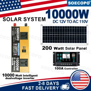 SOECOPO 10,000W Peak 1100W Rated Solar Power System Kit 200W Solar Panel 100A Charge Controller DC 12V to AC 110V Inverter LCD Dual USB for Home RV Camping Off Grid Emergency Backup