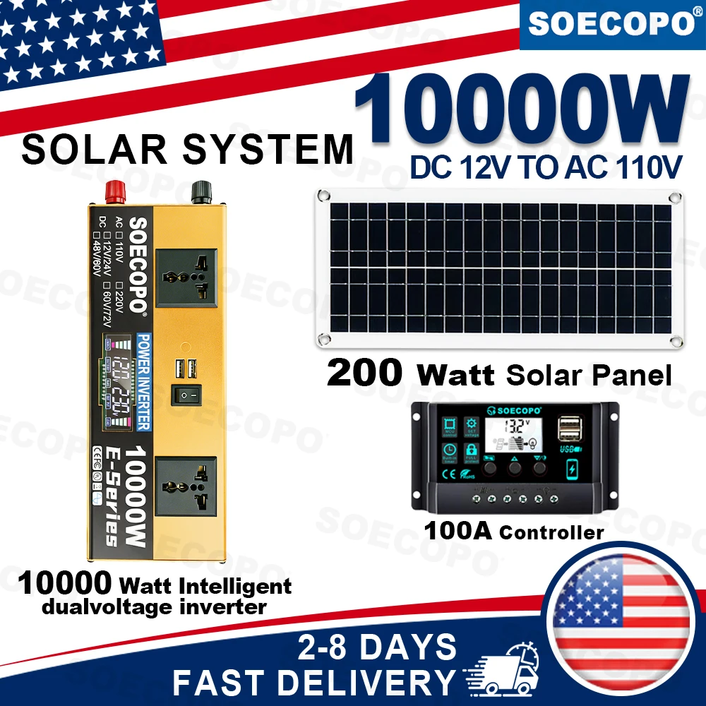 SOECOPO 10,000W Peak 1100W Rated Solar Power System Kit 200W Solar Panel 100A Charge Controller DC 12V to AC 110V Inverter LCD Dual USB for Home RV Camping Off Grid Emergency Backup - Image 1