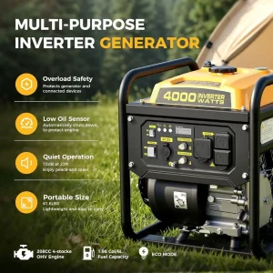 Portable 4000W Gas Inverter Generator, 208cc, 3200W Running Watts, 30A Outlet, 9-Hour Runtime, 55-lb Open-E Design - Thumbnail Image 5