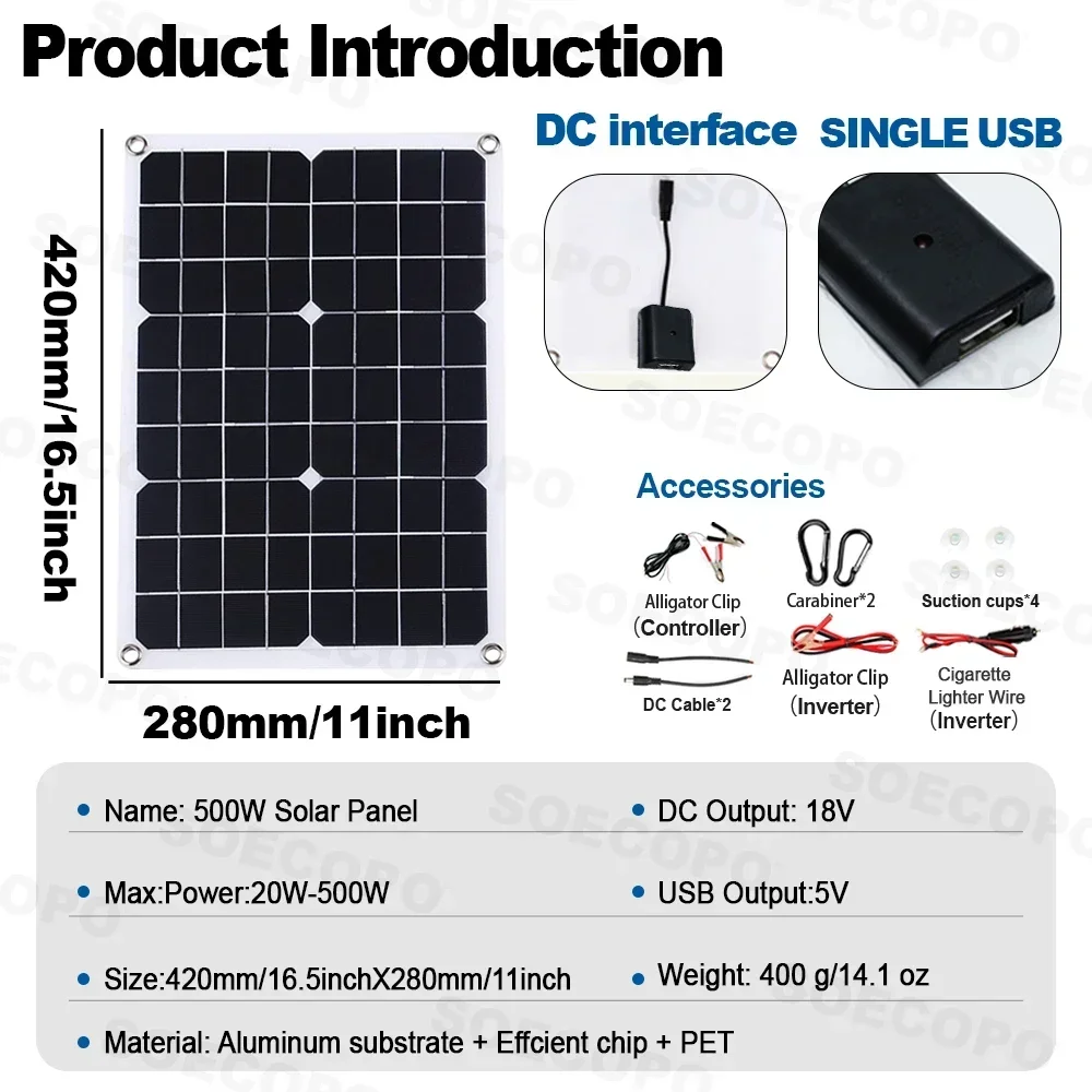 Build Your Own 10,000W Solar Generator, Batteries Sold Separately. This Is A SOECOPO 10000W Solar System Kit, 500W Photovoltaic Solar Panel + 10000W Power Inverter + 100A Controller, DC 12V to AC 110V/220V, Complete with Cables, Clips & amp; Suction Cups, - Image 6