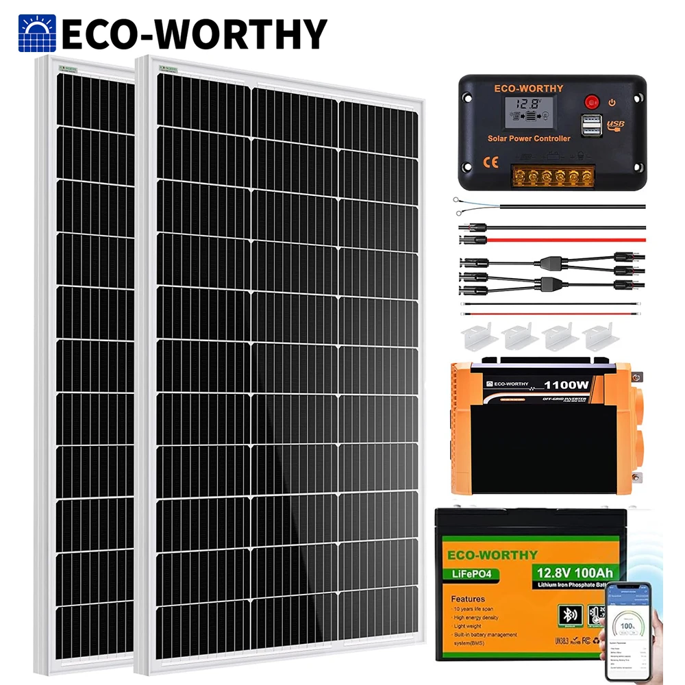 ECO-WORTHY 200W Solar Panel Kit 2pcs 100W Solar Panel + 30A Charge Controller + 100Ah Battery + 1100W Premium Solar Inverter - Image 1