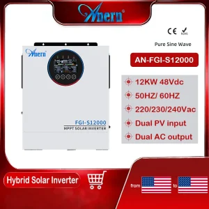Anern 220V~240V Off-Grid 12Kw Hybrid Solar Inverter Mppt 120A 48V Pure Sine Wave Solar Inversor for Home Electrical System