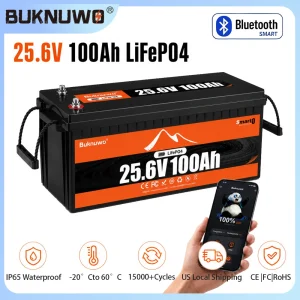 Buknuwo M8 24V 100Ah LiFePO4 Battery With Bluetooth Built-in 100A BMS Support Low Temp Protection And 15000+ Deep Cycles IP65 Waterproof 25.6V 2560Wh Lithium Battery Pack for RV/ Marine/ Camper Van/ Home Backup/ Off-Grid Solar