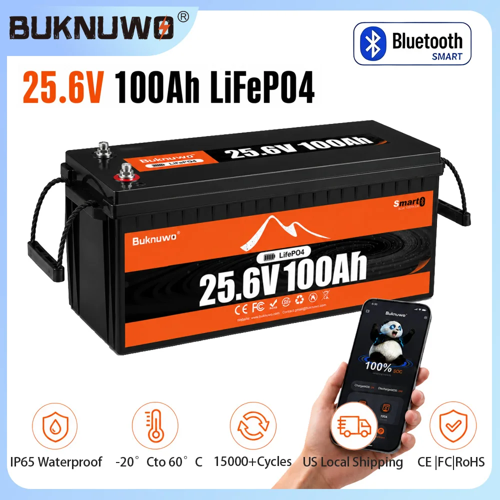 Buknuwo M8 24V 100Ah LiFePO4 Battery With Bluetooth Built-in 100A BMS Support Low Temp Protection And 15000+ Deep Cycles IP65 Waterproof 25.6V 2560Wh Lithium Battery Pack for RV/ Marine/ Camper Van/ Home Backup/ Off-Grid Solar - Image 1