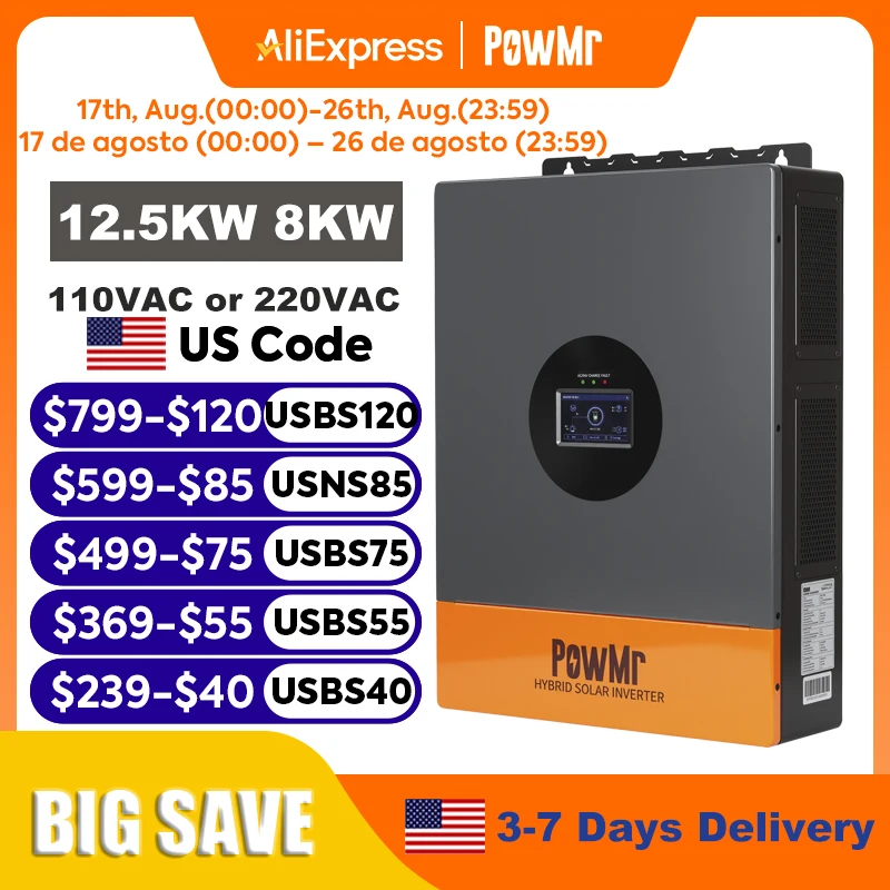 PowMr 12.5KW 8KW Split Phase Inverter 110V or 220V Hybrid Solar Inverter 48V Dual Output Off Grid Inverter with MPPT 200A 120A Solar Battery Charger Parallel Up to 6 Units - Image 1