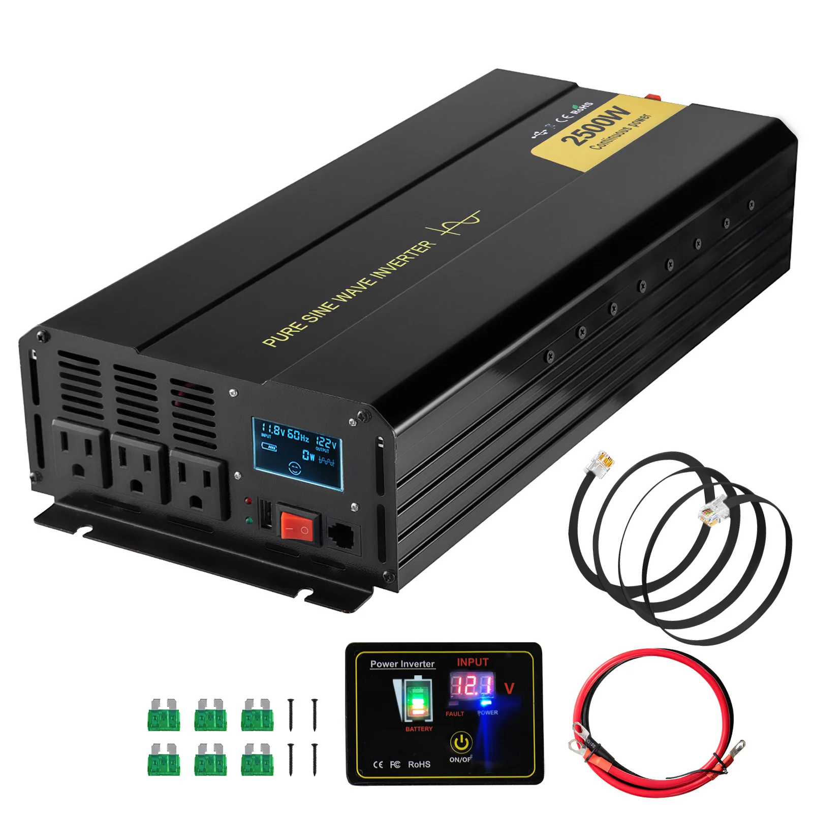 SucceBuy Pure Sine Wave Power Inverter 2500W/3500W/5000W 12V DC to 120V AC Aluminum Alloy LCD Screen & LED Indicators Power Use - Image 1