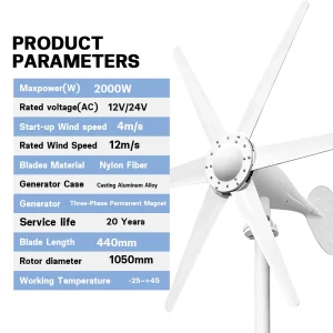 US Local Delivery EKPAOWE 2000W 12/24V Auto Horizontal Wind Turbine Generator Kit with Wind Controller MPPT for Off-Grid System Three-Phase AC Generator Off grid System For Household Use - Thumbnail Image 5