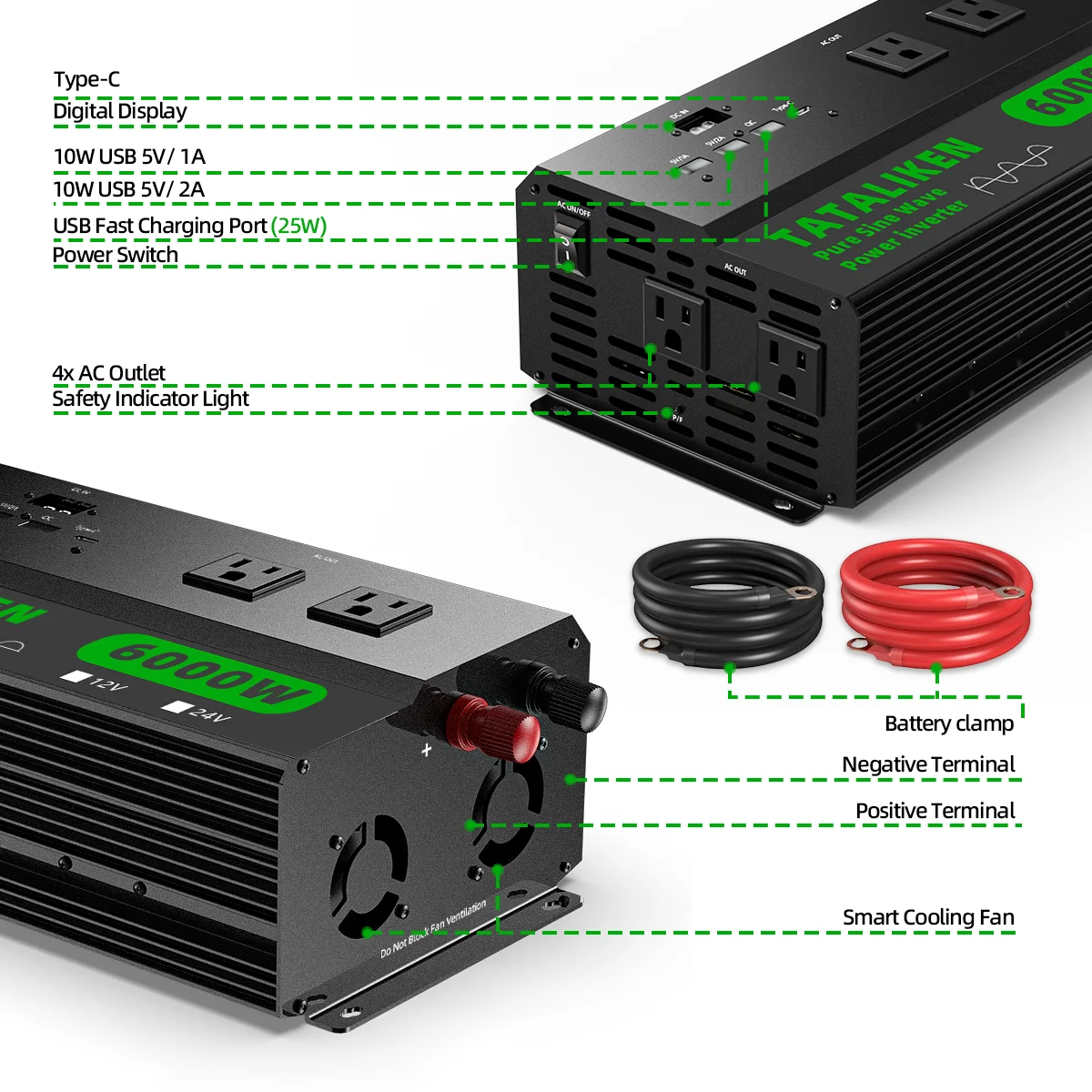 4000W/5000W/6000W Pure Sine Wave Inverter with US Outlets, Digital Display & 110V/60Hz Output - Image 4