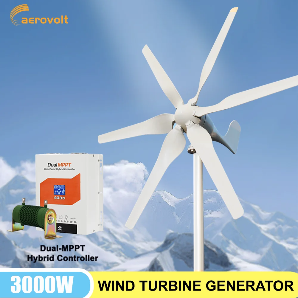 3000W Small Windmill 6 Blades 12/24/48V Wind Turbine Generator Kit with Wind-Solar Hybrid Controller Household Free Energy - Image 1