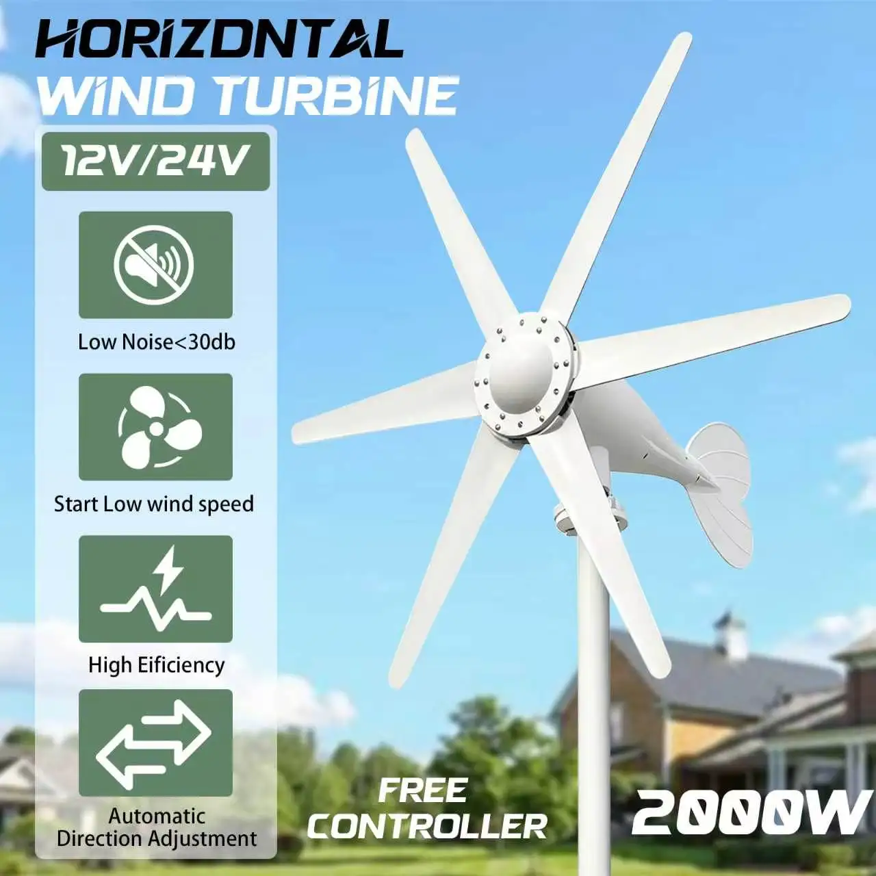 US Local Delivery EKPAOWE 2000W 12/24V Auto Horizontal Wind Turbine Generator Kit with Wind Controller MPPT for Off-Grid System Three-Phase AC Generator Off grid System For Household Use - Image 1