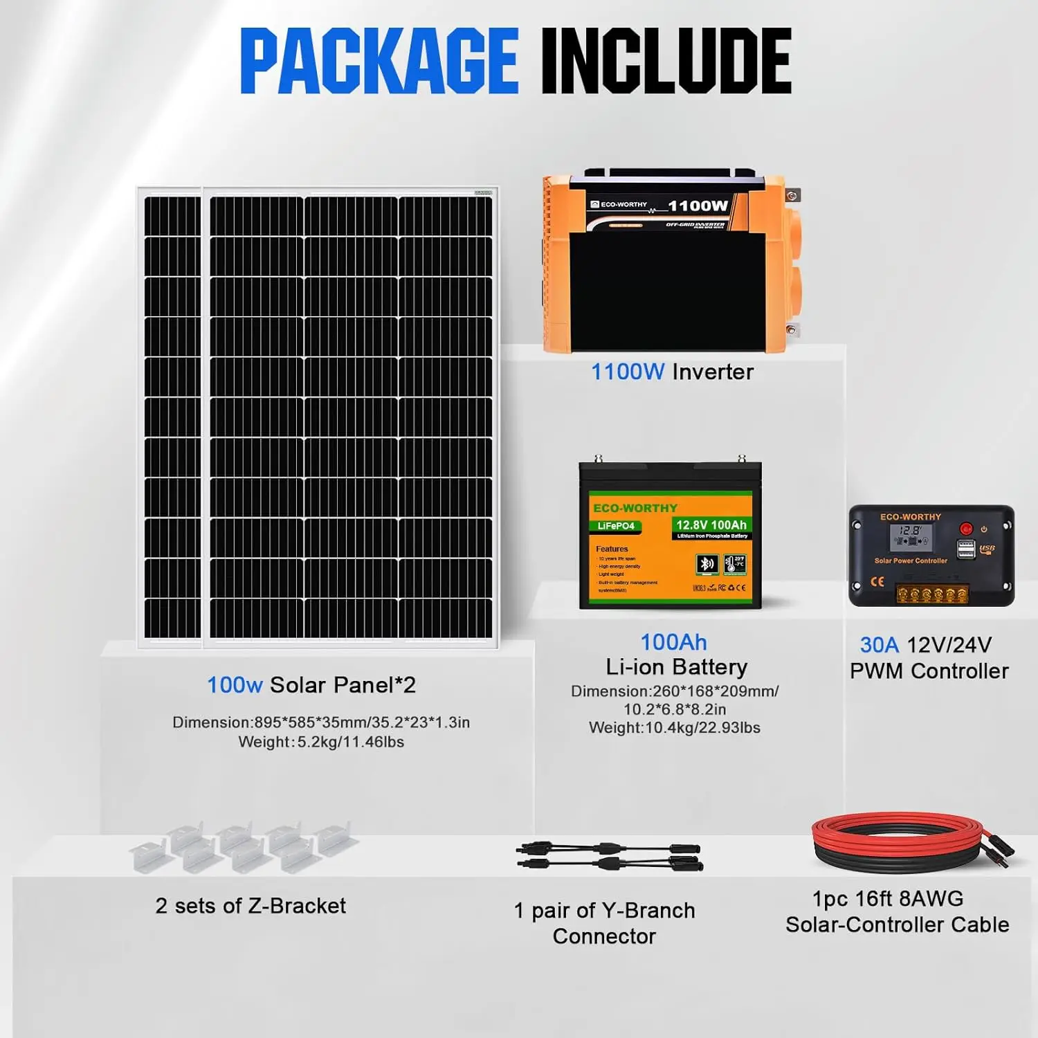 ECO-WORTHY 200W Solar Panel Kit 2pcs 100W Solar Panel + 30A Charge Controller + 100Ah Battery + 1100W Premium Solar Inverter - Image 4
