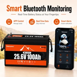 Buknuwo M8 24V 100Ah LiFePO4 Battery With Bluetooth Built-in 100A BMS Support Low Temp Protection And 15000+ Deep Cycles IP65 Waterproof 25.6V 2560Wh Lithium Battery Pack for RV/ Marine/ Camper Van/ Home Backup/ Off-Grid Solar - Thumbnail Image 2