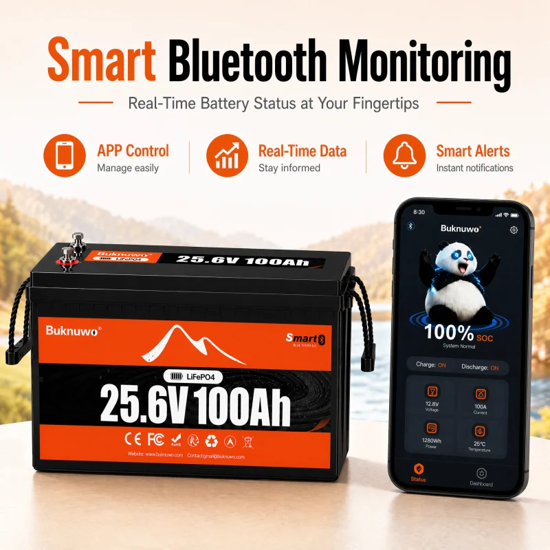 Buknuwo M8 24V 100Ah LiFePO4 Battery With Bluetooth Built-in 100A BMS Support Low Temp Protection And 15000+ Deep Cycles IP65 Waterproof 25.6V 2560Wh Lithium Battery Pack for RV/ Marine/ Camper Van/ Home Backup/ Off-Grid Solar - Image 2