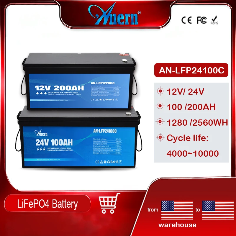 Anern High Quality 2560WH 12V/24V 100Ah LiFePO4 Lithium Battery Built-in BMS for Inverter Motorhome Solar System Boat Household - Image 1