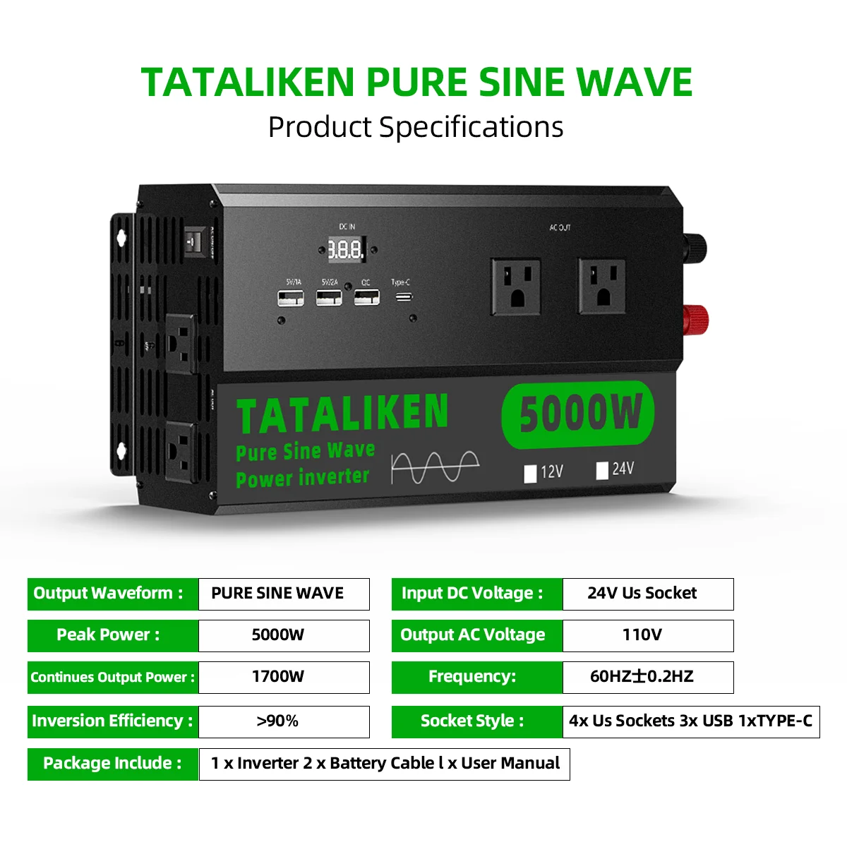 4000W/5000W/6000W Pure Sine Wave Inverter with US Outlets, Digital Display & 110V/60Hz Output - Image 7