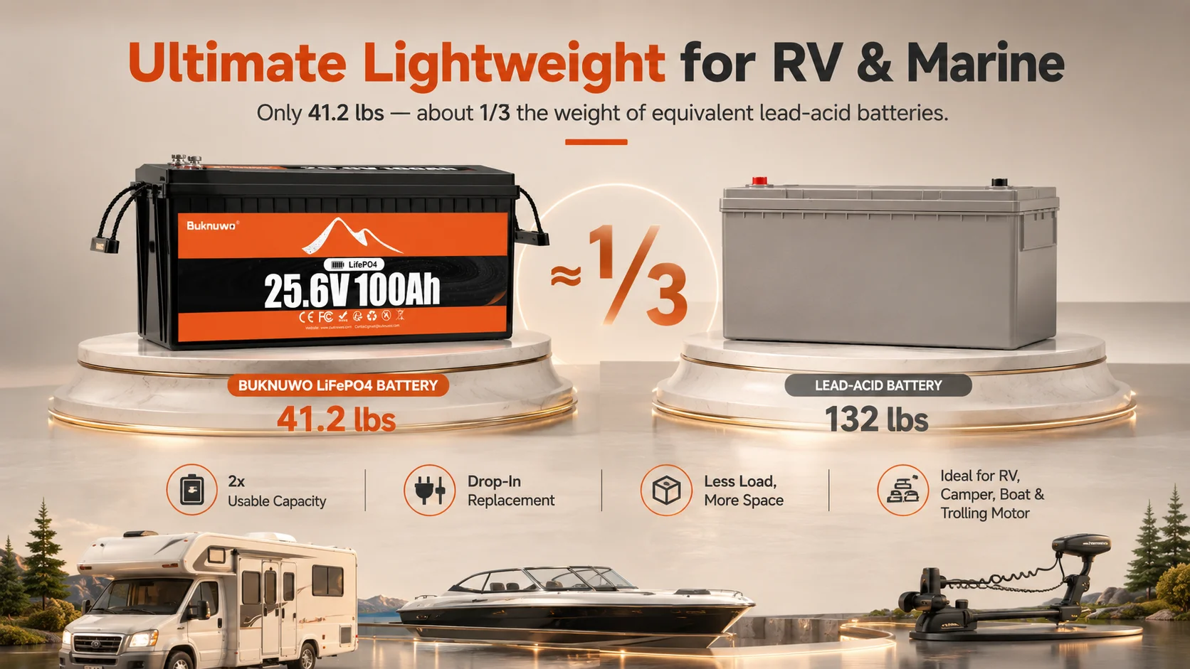 Buknuwo M8 24V 100Ah LiFePO4 Battery With Bluetooth Built-in 100A BMS Support Low Temp Protection And 15000+ Deep Cycles IP65 Waterproof 25.6V 2560Wh Lithium Battery Pack for RV/ Marine/ Camper Van/ Home Backup/ Off-Grid Solar - Image 9