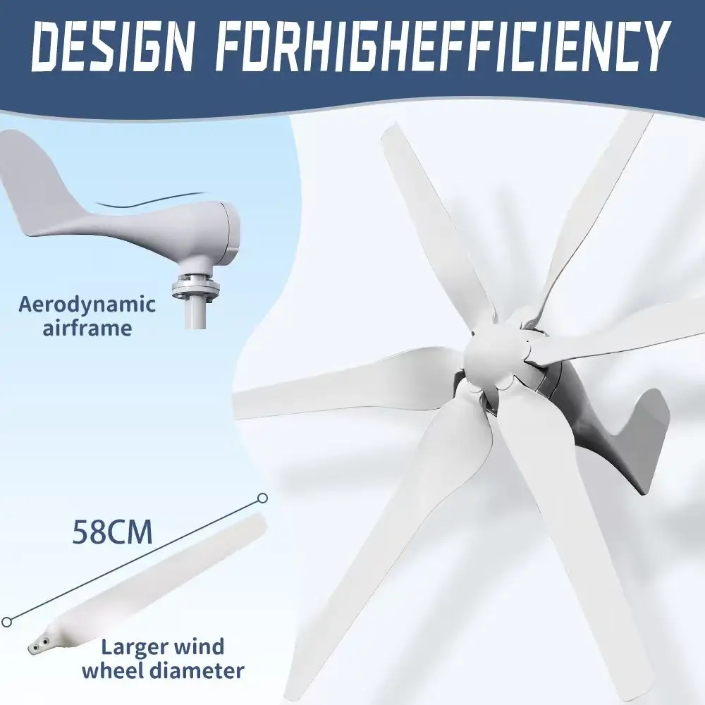3000W Small Windmill 6 Blades 12/24/48V Wind Turbine Generator Kit with Wind-Solar Hybrid Controller Household Free Energy - Image 2