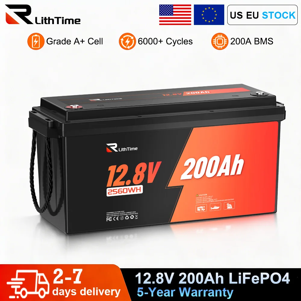 RVLithTime 12V 200Ah LiFePO4 Deep Cycle Battery 2560Wh with 200A BMS Low Temperature Cut-off 6000+ Cycles IP65 Waterproof Lithium Battery for RV Marine Travel Trailer & Off-Grid - Image 1